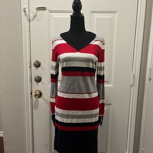 Michael Kors Red and Gray Striped Long Sleeve Dress